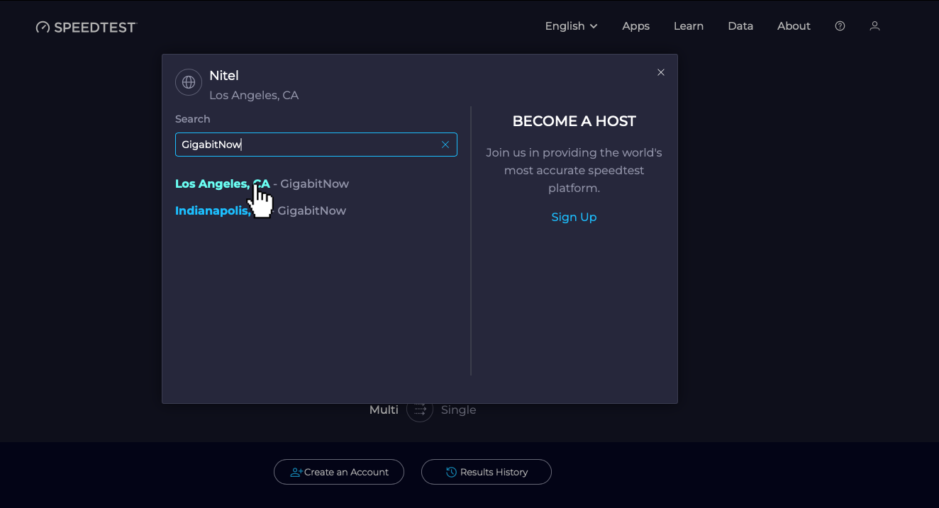 Select the GigabitNow server in California as the host.