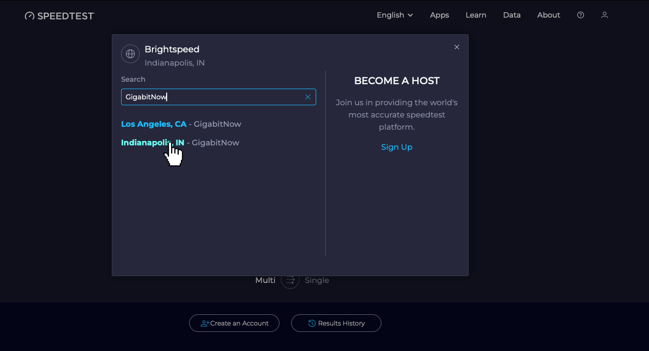 Select the GigabitNow server in Indiana as the host.